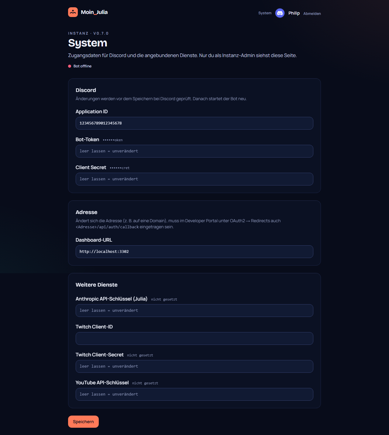 System-Seite nach der Übernahme